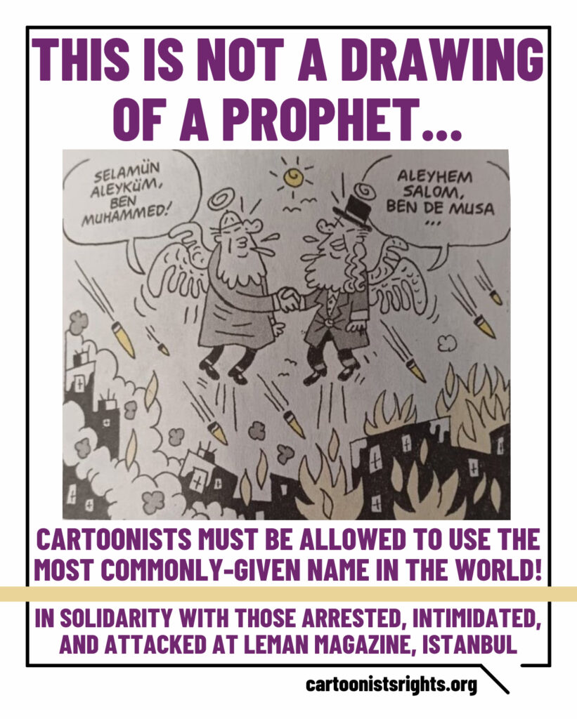 Cartoon artwork by Doğan Pehlivan that appeared in LeMan magazine, 06/26/25 and wrongly described by prosecutors as depicting the Prophet Muhammad.